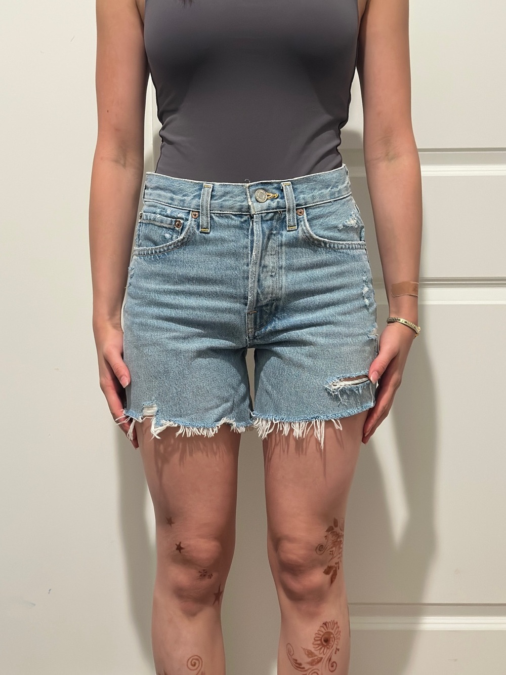 AGOLDE Light Blue Distressed High-Rise Denim Shorts